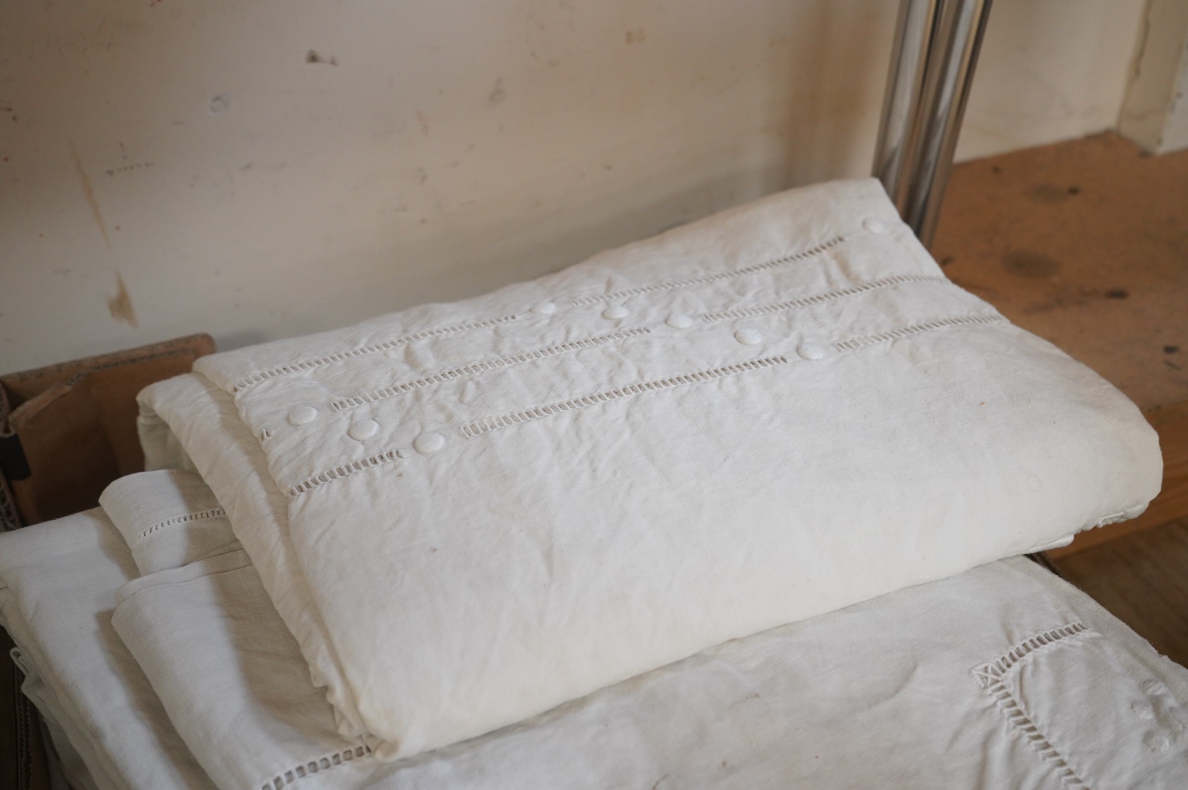 Six French provincial, coarse linen, spot motif embroidered and drawn thread work top sheets